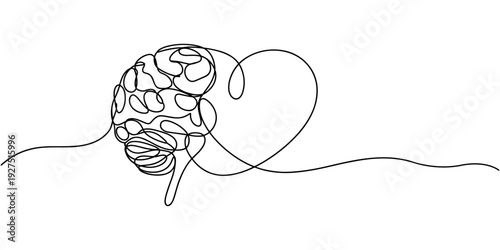 One continuous line drawing of half human brain and love heart shape logo icon. Psychological split affection logotype symbol template concept. Human brain and heart continuous one line art drawing.