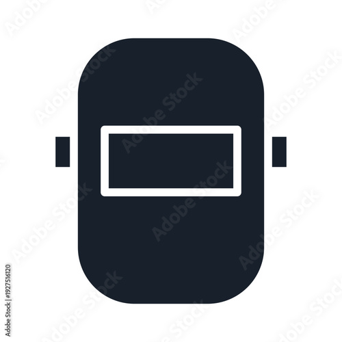 A dark blue welding mask with a white rectangular lens