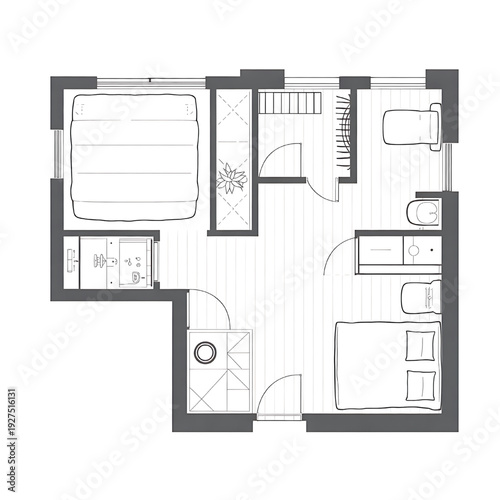 Modern studio apartment floor plan with kitchenette and bathroom