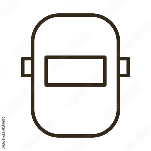 A dark outline drawing of a welding mask on a white background