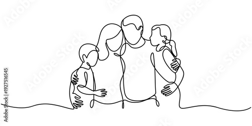 Happy family in continuous line art drawing style. United family portrait of parents and their little girl kid black linear sketch isolated on white background. Vector illustration
