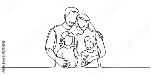 Happy family in continuous line art drawing style. United family portrait of parents and their little girl kid black linear sketch isolated on white background. Vector illustration
