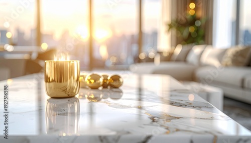 Elegant living room with gold decor and city skyline view at sunset
