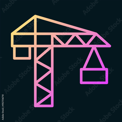 A neon gradient line art of a construction crane on a dark background