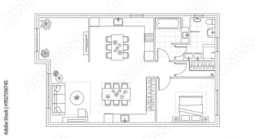 Modern open-plan living space with kitchen and dining area