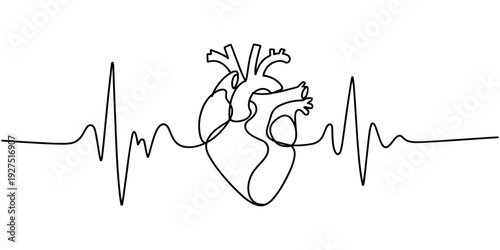 Continuous one line drawing of heartbeat with heart shape symbol for medical and love concept. Single line drawing. Editable stroke. Doodle hand drawn vector illustration