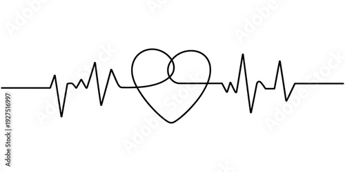 Continuous one line drawing of heartbeat with heart shape symbol for medical and love concept. Single line drawing. Editable stroke. Doodle hand drawn vector illustration