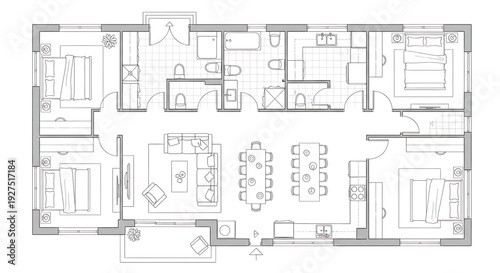 Detailed modern home floor plan with multiple bedrooms and bathrooms