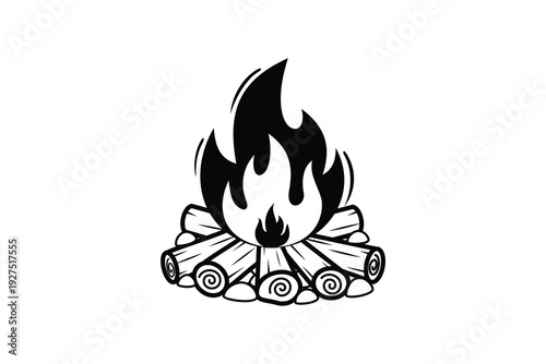 Classic Campfire Black and White Illustration with Burning Logs