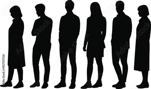 Set of black silhouettes representing diverse young men and women standing in a row against a white background for social community or group concepts.