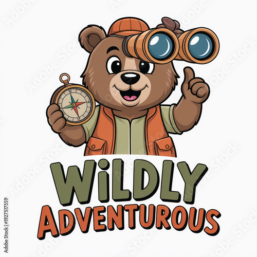 Adventurous bear exploring with binoculars and compass