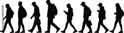 Set of black silhouettes featuring students and young professionals walking with backpacks and using phones, representing modern urban lifestyle, education, and daily commuting.