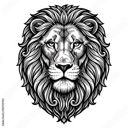 Majestic lion head illustration with flowing mane, a symbol of power and strength, depicted in detailed black and white artwork