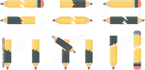 Broken and damaged pencil icons set illustrating mistakes, learning process, problem solving, and school stationery concepts in clean modern flat vector style