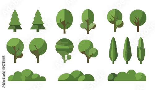 Abstract Pine and Deciduous Tree Collection Isolated on White Background Vector Illustration