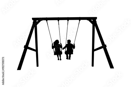 Children playing together on swings in park silhouette