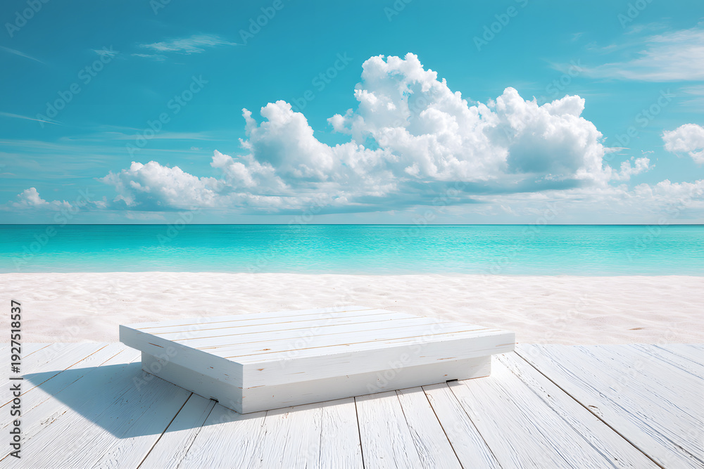 Fototapeta premium Landscape empty white wooden floor or table with sea waves hitting shore. Summer sea blue and white beach, rocks, Cloudy sky with bright sunlight is background. Interior display show products