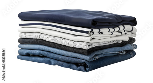 Stack of neatly folded jeans and trousers isolated on transparent background