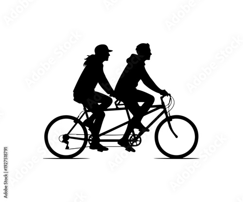 Couple riding tandem bicycle together in perfect sync