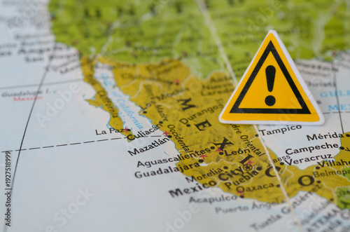 Photos Caution Symbol Over Mexico Map Representing Regional Violence