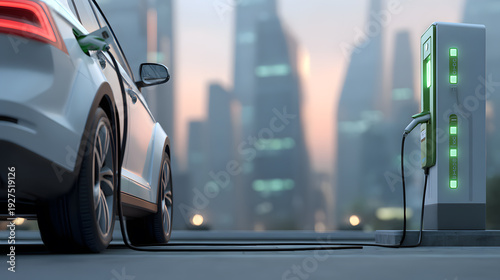 An electric car charging up in the city with modern buildings in the background, a new era in the transport sector