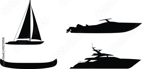 Boat silhouettes collection, sailboat speedboat yacht and canoe vector set isolated on white background minimalist flat design illustration