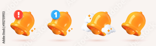 3D notification bell icon set for inbox messages and push alerts. Cartoon style vector illustration isolated on white.