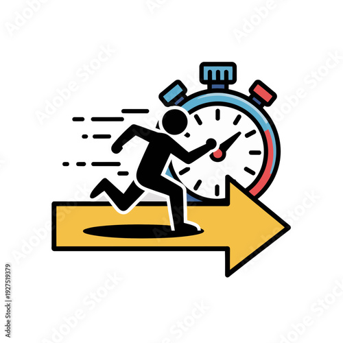 A vector graphic illustration of a person running with a stopwatch and arrow, symbolizing speed and urgency.