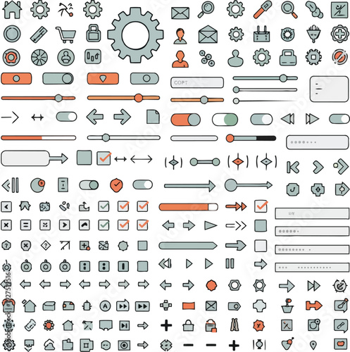A comprehensive collection of modern flat design UI elements and icons for web and mobile interfaces, featuring buttons, sliders, toggles, and various navigation symbols.