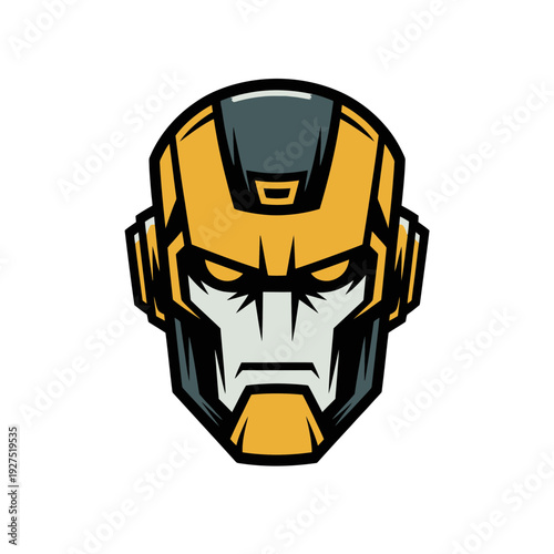 A cartoon robot head with a yellow and gray metallic design and a menacing expression on its face