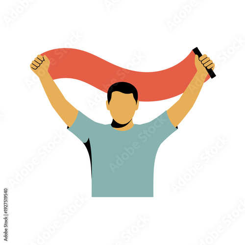 A minimalist vector illustration of a triumphant man holding a red banner above his head in a celebratory gesture.