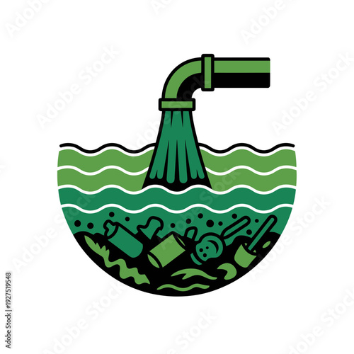 A green vector graphic illustration of a polluted water source with a pipe pouring waste into it