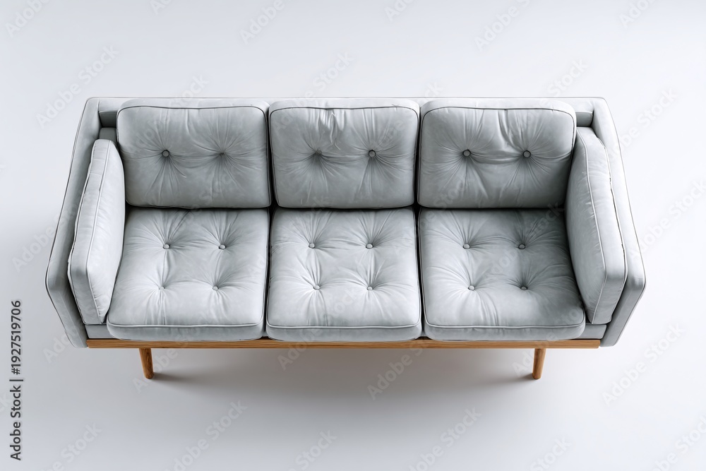 Naklejka premium Modern Light Gray Tufted Sofa Set with Wooden Legs, Minimalist Living Room Furniture