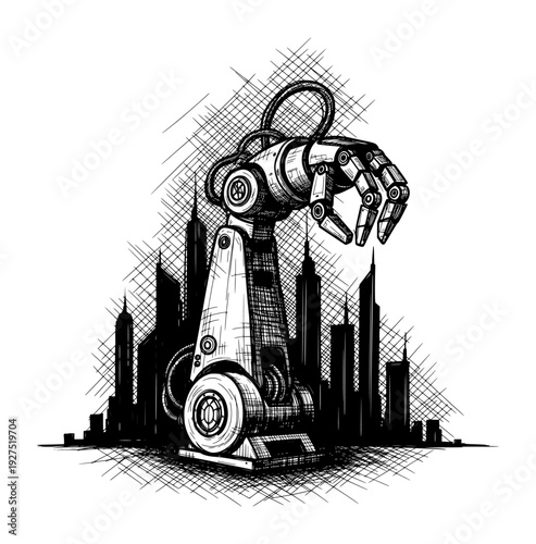 Industrial Robotic Arm and City Skyline Pen and Ink Black and White