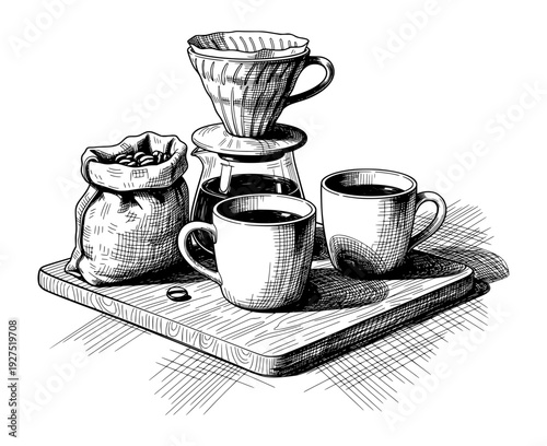 Coffee Brewing Set Pour over Dripper and Beans Engraving Style Black and White Vector
