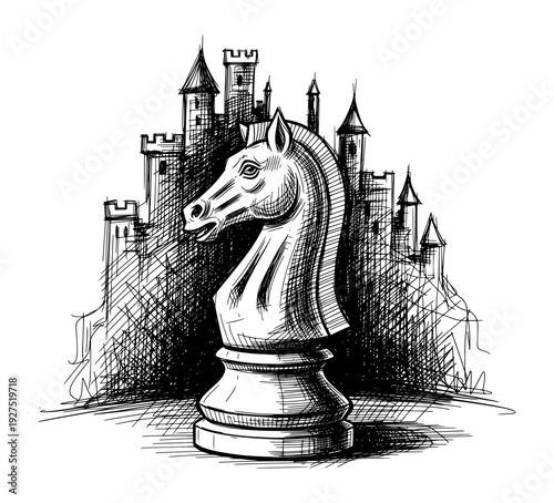 Chess Knight Piece with Castle Fortress Pen and Ink Sketch Black and White
