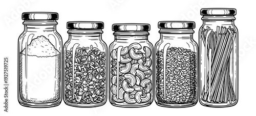 Glass Pantry Jars with Pasta Rice and Flour Black and White Engraving Style Illustration