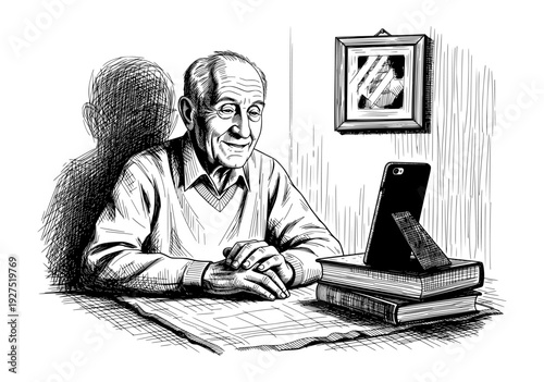 Elderly Man Using Tablet on Books Black and White Engraving Style Vector Illustration