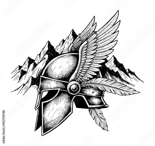 Winged Spartan Helmet with Mountains Black and White Engraving Style Vector