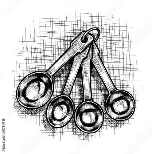 Measuring Spoons Set Pen and Ink Sketch Black and White Illustration