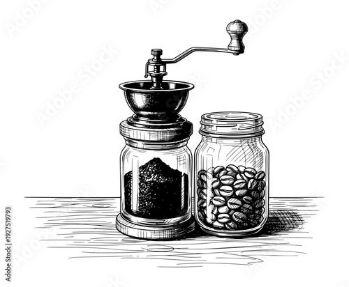 Vintage Manual Coffee Grinder and Jar of Beans Black and White Engraving Style Illustration