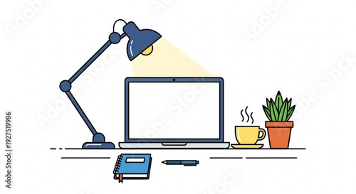 Modern minimalist workspace setup featuring a sleek laptop adjustable task lamp illuminating the screen a steaming cup of coffee a potted plant a notebook and a pen