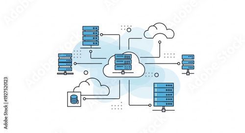 Cloud computing network architecture with interconnected servers and data storage symbolizing modern technology infrastructure