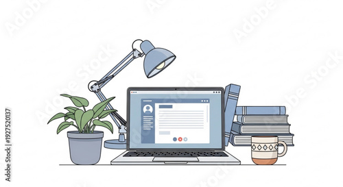 Laptop on desk with books plant and lamp symbolizing study work and productivity in a home office setting with modern technology
