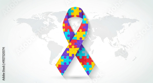 World Autism Awareness Day A vibrant puzzle ribbon symbolizing global autism awareness and support, illustrating the complex and unique spectrum of experiences worldwide