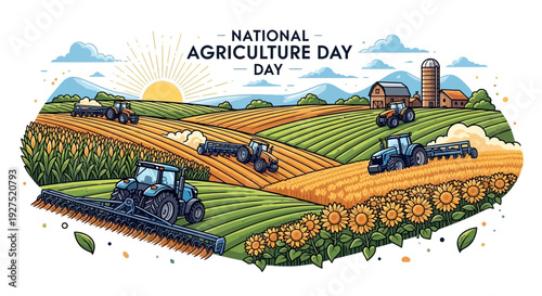 Illustration of a farm landscape celebrating National Agriculture Day with tractors and fields in a colorful, vector graphic design.