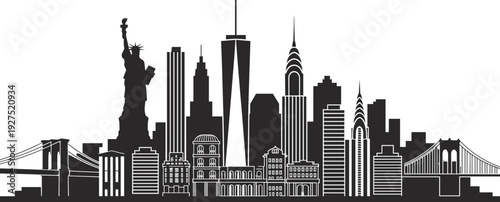 Black New York City skyline silhouette featuring Statue of Liberty and Brooklyn Bridge, cad drawing flat vector illustration, isolated white