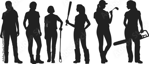 Black silhouettes of women holding sports equipment and power tools, diverse female professions set, cad drawing flat vector illustration, isolated white