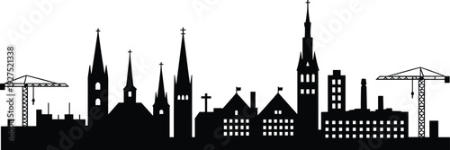 Black city skyline silhouette with church spires and construction cranes, urban landscape panorama, cad drawing flat vector illustration, isolated on white