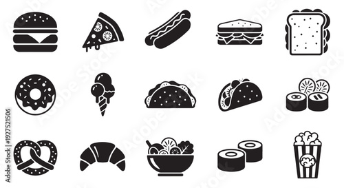 Black Flat Vector Food Items Grid Composition with 15 Silhouettes in 5x3 Layout, Logo-Ready Design